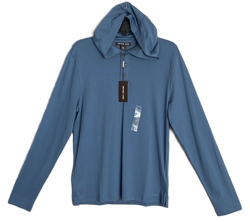 Michael Kors Polo Hoodie Shirt Men's Large Pima Cotton Stretch Ocean Blue NWT